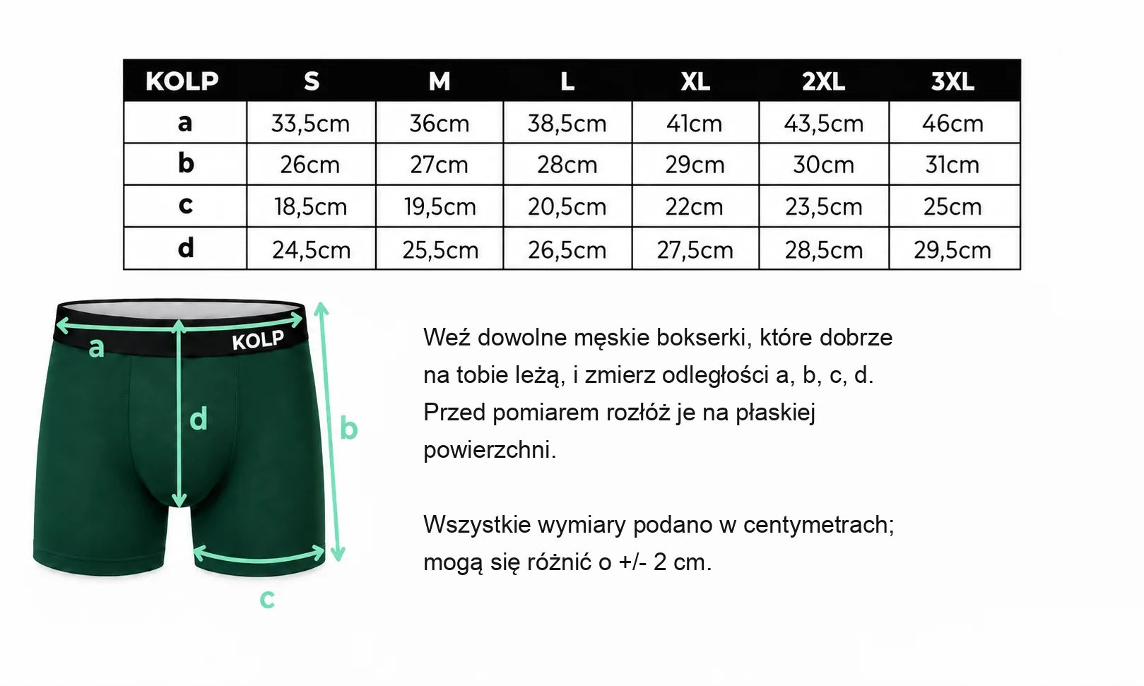 Tabela rozmiarów bokserek KOLP – od S do 3XL