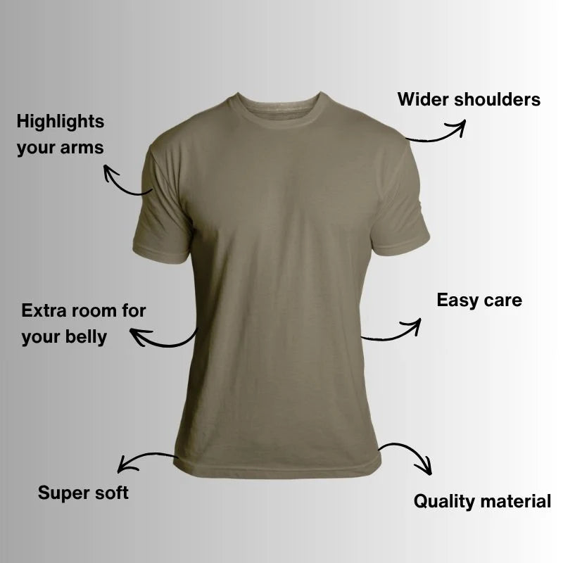 The KOLP tee — highlights your arms, wider shoulders, extra room through the body, super soft, easy care, quality material